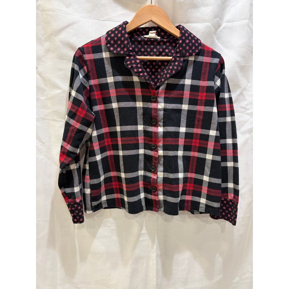Vera Bradley Womens Plaid Floral Button Up Pajama‎ Top Red Black White Small